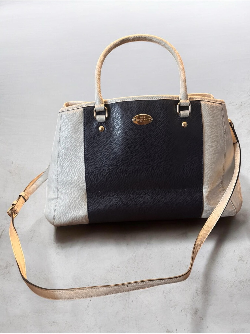 Coach Two-Tone Black and Cream Satchel with Gold Hardware